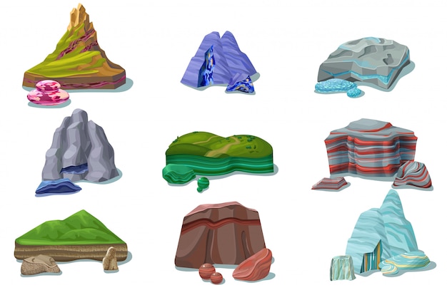 Free vector cartoon colorful beautiful rocks set
