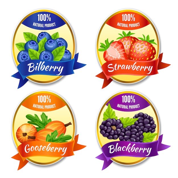 Cartoon colorful berries labels set