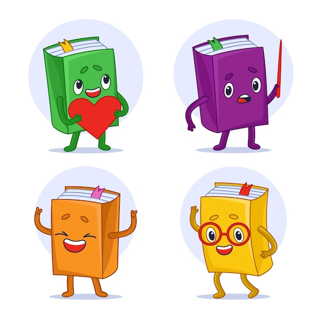 Cartoon colorful book characters in different actions set