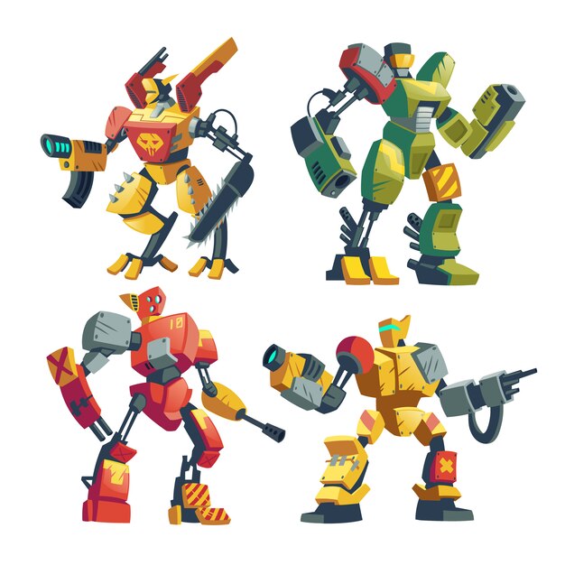 cartoon combat robots. Battle androids with artificial intelligence in protective armor