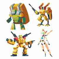 Free vector cartoon combat robots for role playing video game. battle androids.