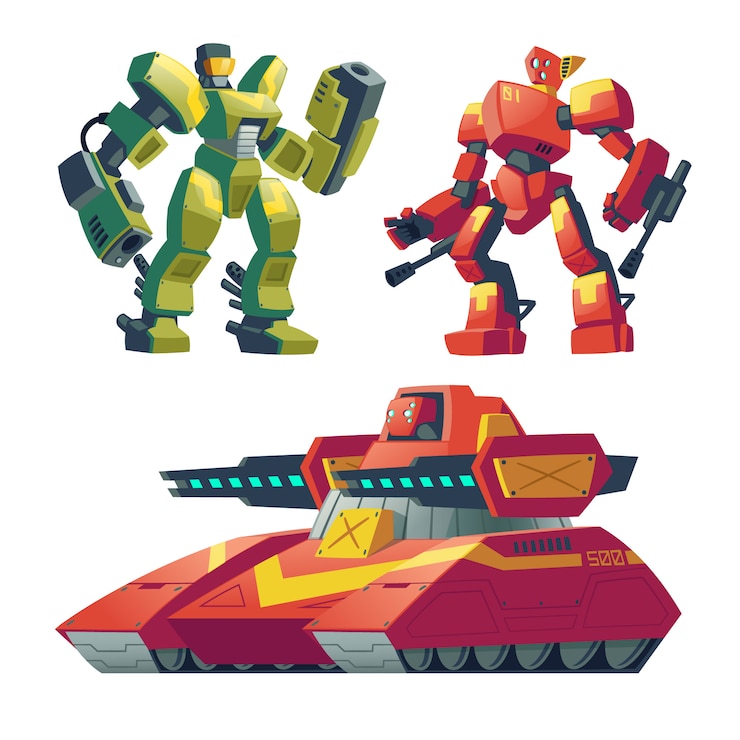 Free Vector cartoon combat robots with red tank. battle androids with artificial intelligence