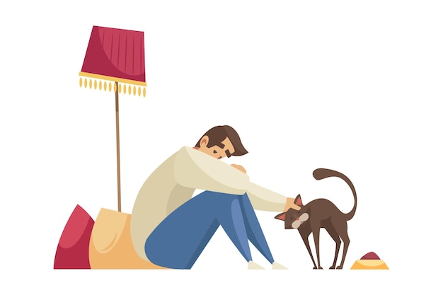 Free vector cartoon composition with lonely man sitting on floor and stroking pet