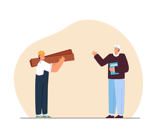 Free vector cartoon construction manager and builder holding wooden planks. contractor greeting worker in uniform flat vector illustration. engineering, construction industry concept for banner or landing page