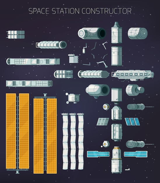 Free vector cartoon constructor of orbital space station isolated on dark background with stars vector illustration