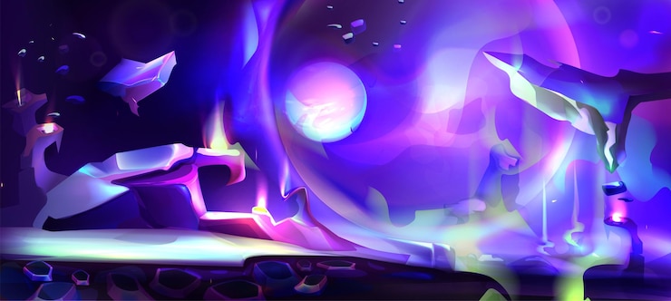 Free Vector cartoon cosmos and alien planet surface with rocks and lighted crack