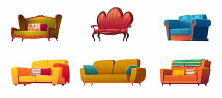 Free vector cartoon couches and sofas furniture isolated set