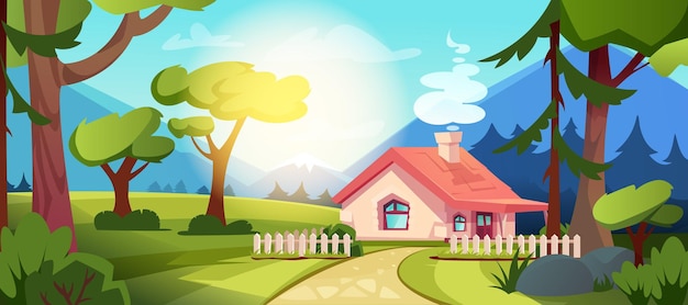 Cartoon country house in forest with green lawn trees and mountains