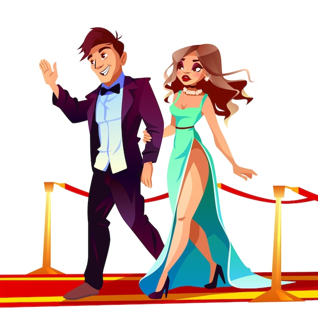 Free vector cartoon couple of famous celebrities on red carpet. beautiful woman in long dress