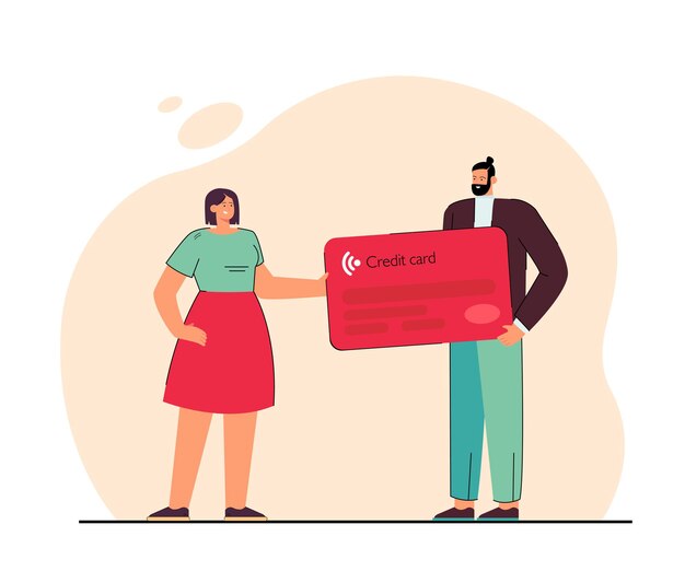 Cartoon couple holding huge credit card together. Woman giving card to man flat vector illustration. Finances, banking, family budget concept for banner, website design or landing web page