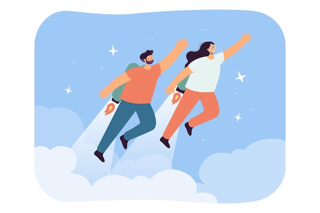 Cartoon couple with jet packs or boosters up in sky. Man and woman flying fast with rockets, power or energy metaphor flat vector illustration. Business growth, career boost concept for banner