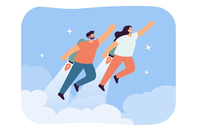 제트 팩이나 부스터가 하늘을 나는 만화 커플. 로켓, 전력 또는 에너지 은유 평면 벡터 삽화로 빠르게 날아가는 남녀. 비즈니스 성장, 배너에 대한 경력 향상 개념