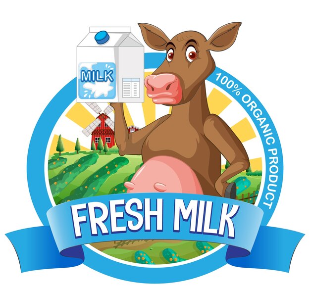 Cartoon cow with fresh milk label