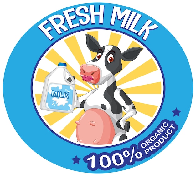 Cartoon cow with fresh milk label