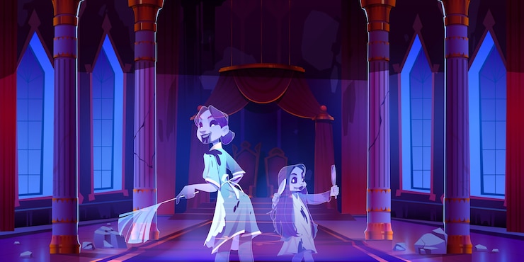 Free Vector cartoon creepy castle hall with ghosts illustration