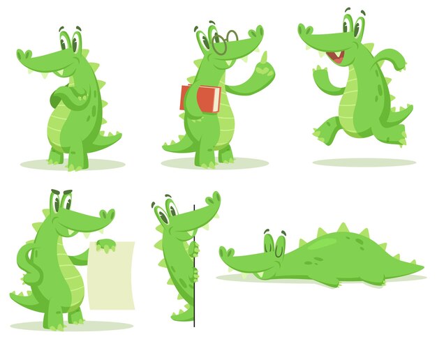 Cartoon crocodile character illustrations set