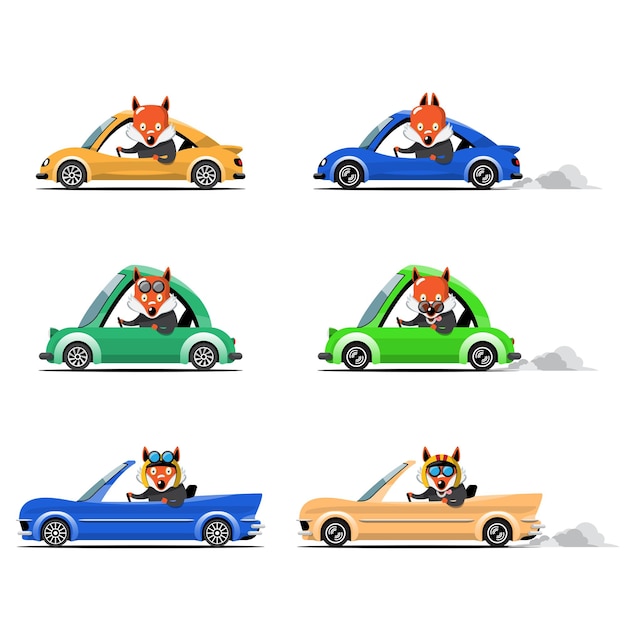無料ベクター 道路上の漫画かわいい動物ドライブ車