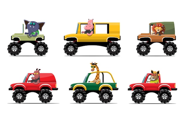 Cartoon cute animal drive car on the road Animal driver