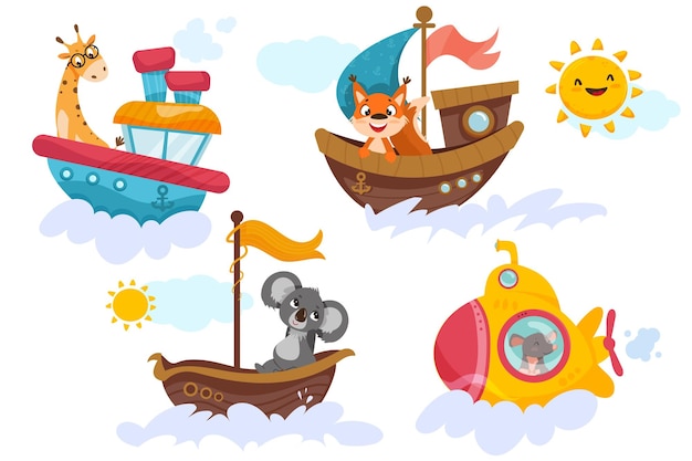 Бесплатное векторное изображение Мультяшные милые детеныши животных, плывущие на морских кораблях по волнам