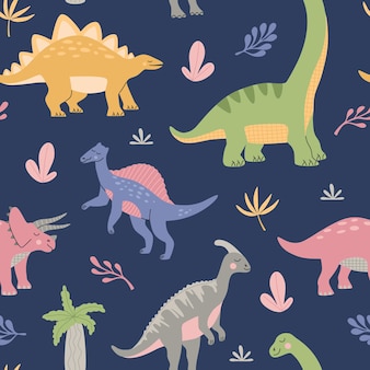 Cartoon cute dinosaurs among tropical plant. seamless pattern for kids. colorful prehistoric animals isolated on blue background. hand drawn vector illustration in modern flat style.