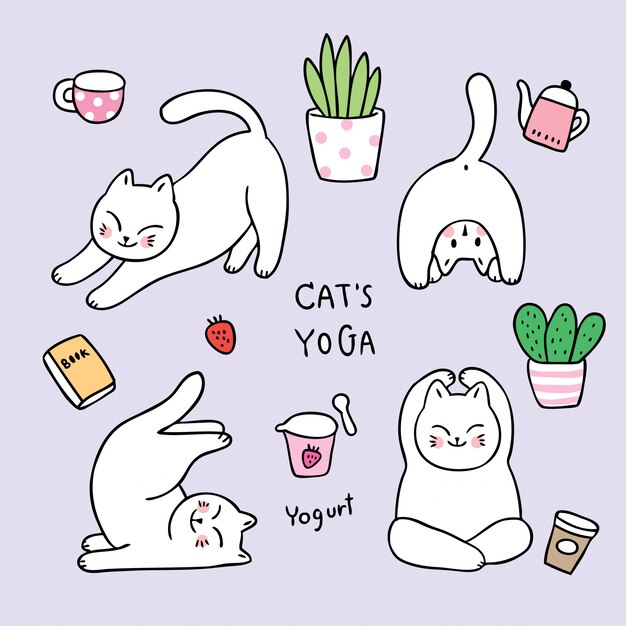 漫画イラスト猫ストレッチ 動物ヨガのコンセプト ヨガをしている子猫 プレミアムベクター