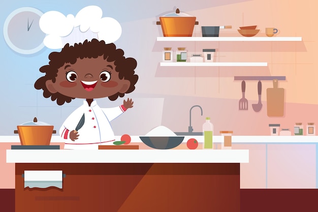 Бесплатное векторное изображение Мультяшный милый маленький мальчик шеф-повар готовит еду на кухне