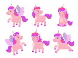 Free vector cartoon cute unicorn set