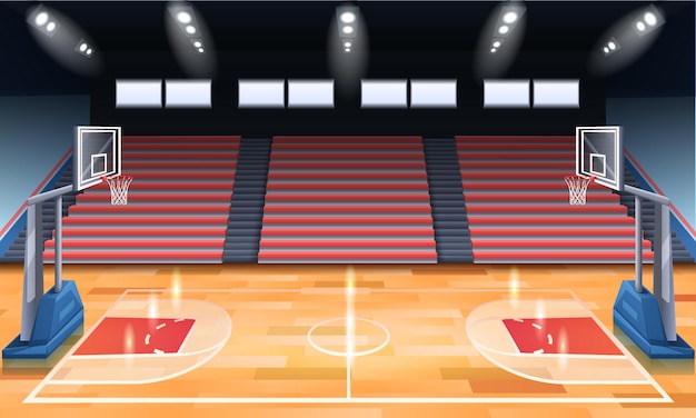 Cartoon design del moderno campo da basket al coperto illuminato con faretti illustrazione vettoriale