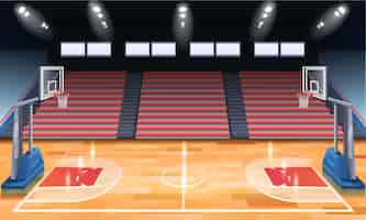 Vettore gratuito cartoon design del moderno campo da basket al coperto illuminato con faretti illustrazione vettoriale