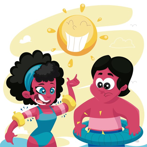 Cartoon different people with a sunburn