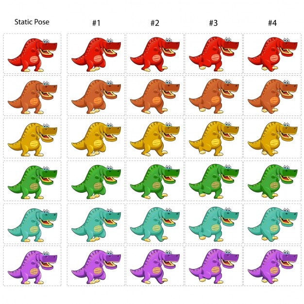 Vettore gratuito animazione di sei dinosauri divertente a piedi quattro deambulatori 1 statica posa vector cartoon characterframes isolate