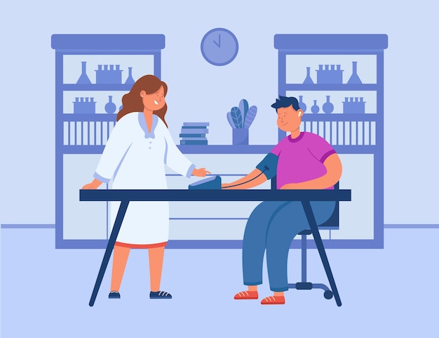 Free vector cartoon doctor measuring blood pressure of patient at hospital. physician and sick man sitting at table in medical office flat  illustration