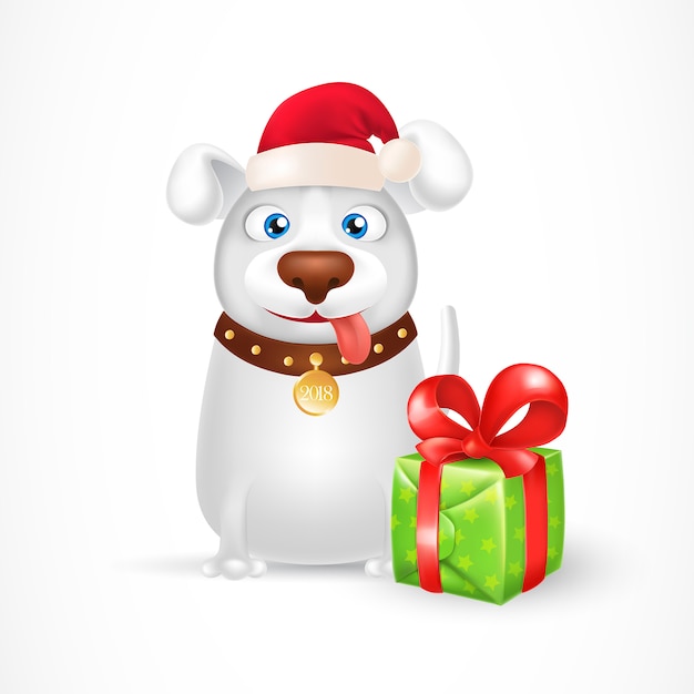 Cartoon Dog in Santa Hat With Gift Box