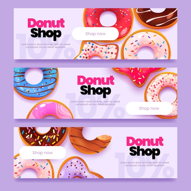 Cartoon donuts horizontal banner set