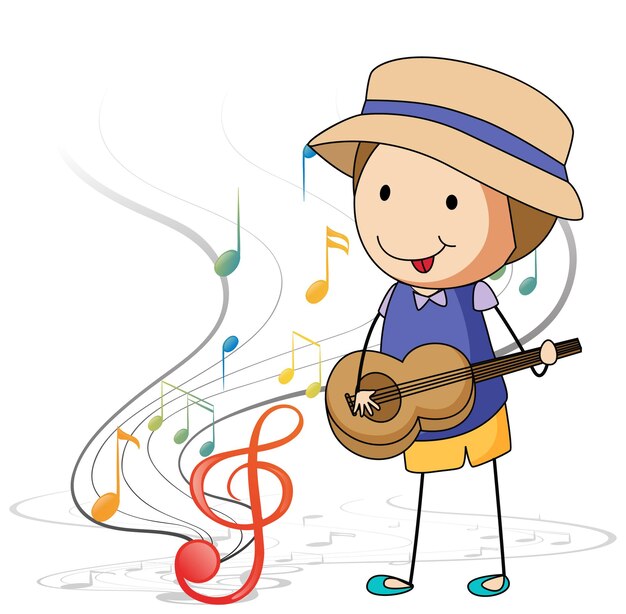 Cartoon doodle a boy playing guitar with melody symbols