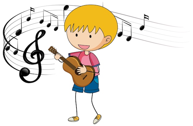 Cartoon doodle a boy playing guitar with melody symbols