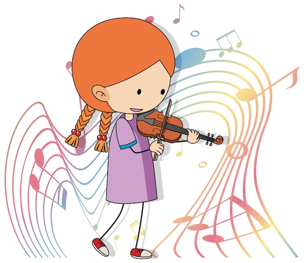 Cartoon doodle a girl playing violin with melody symbols on white background