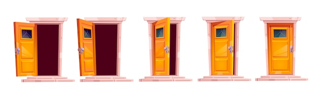 Free vector cartoon door closing motion sequence animation. open slightly ajar and close wooden doorways with stone stairs and darkness inside