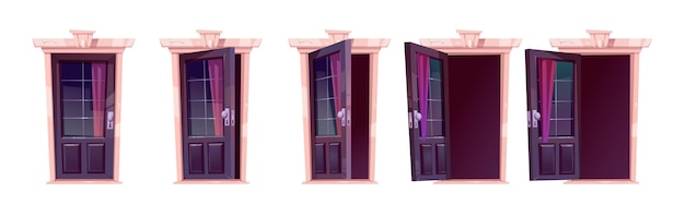 Free vector cartoon door opening motion sequence animation. close, slightly ajar and open wooden doorways with glass windows, curtain and darkness inside. home facade, entrance. illustration, icons set