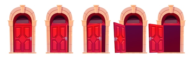 Animazione di sequenza di movimento di apertura della porta del fumetto. porte rosse in legno chiuse, leggermente socchiuse e aperte con arco in pietra e finestra in vetro. elemento di design della facciata della casa, ingresso. set di illustrazioni vettoriali