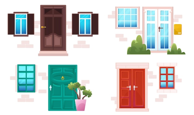 Бесплатное векторное изображение Мультяшные двери и окна, фасады домов в современном или классическом стиле. деревянные и стеклянные входы с каменными дверными косяками на кирпичной стене.