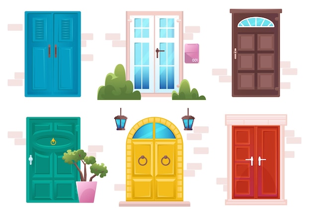 Cartoon doors in modern and classic style set