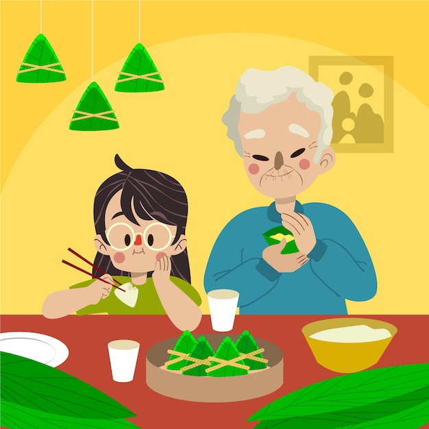 zongzi 일러스트를 준비하고 먹는 만화 드래곤 보트 가족