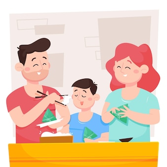 Famiglia della barca del drago del fumetto che prepara e mangia l'illustrazione di zongzi