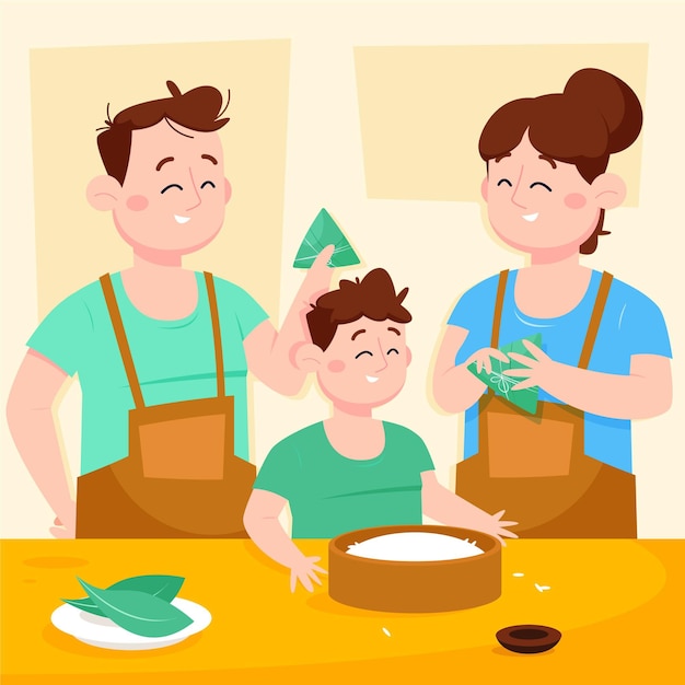 Free vector cartoon dragon boat family preparing and eating zongzi illustration