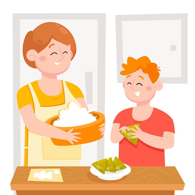 cartoon dragon boat family preparing and eating zongzi illustration