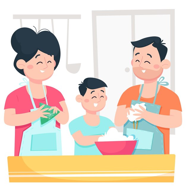 Cartoon dragon boat family preparing and eating zongzi illustration