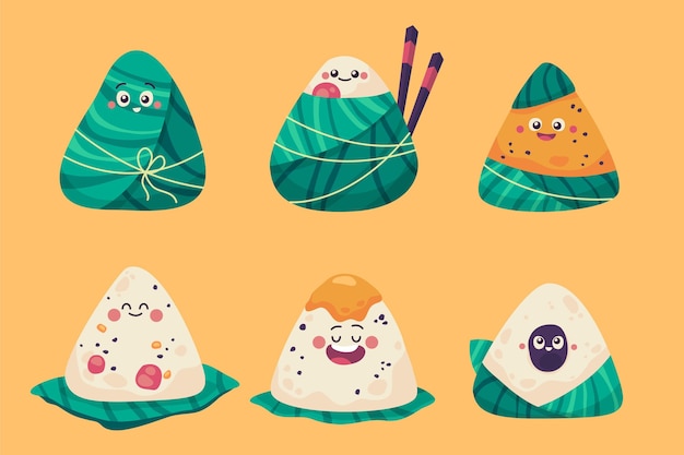 Free vector cartoon dragon boat's zongzi collection