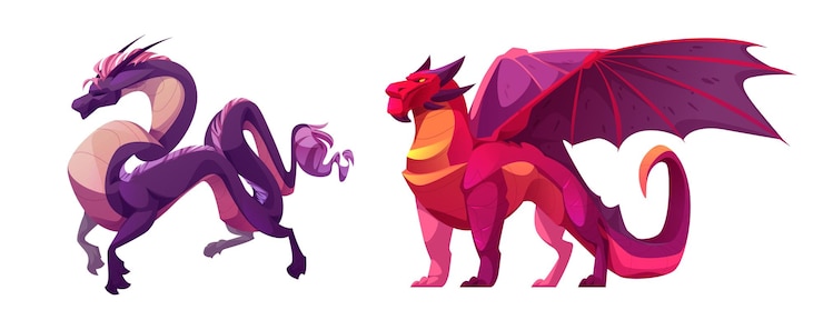 Free Vector cartoon dragon and griffin isolated on white background vector illustration of fantastic creatures with long tail wings mane horns clawed paws fantasy mascot animals adventure game characters