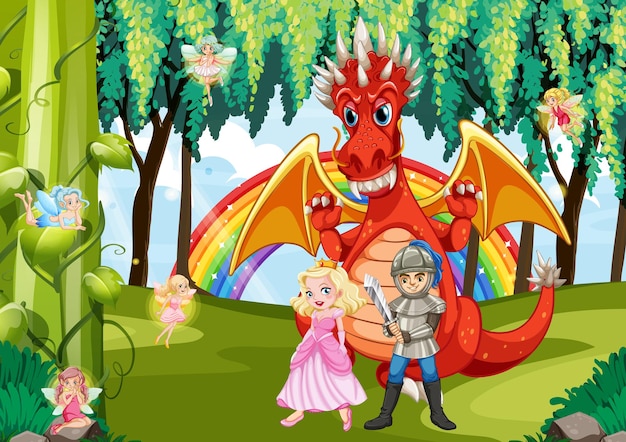 魔法の森の漫画のドラゴンと騎士